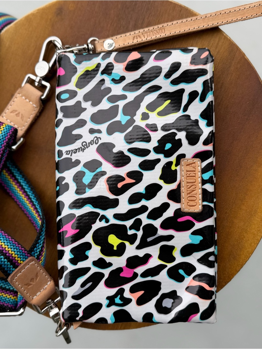 Consuela White Leopard Print Phone Wristlet with Multicolor Accents